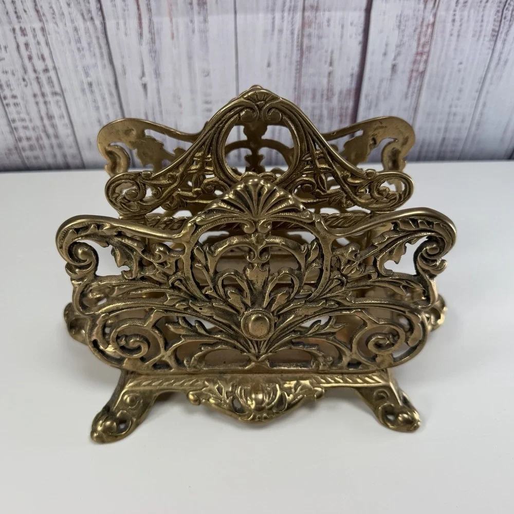 Vtg large ornate Victorian style brass double napkin/letter holder 70s 80s