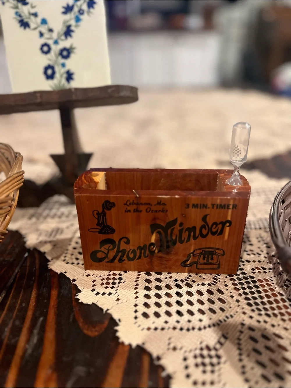 Wooden frame/book holder,Matchbox/notepad box, baskets, doilies Vintage Lot