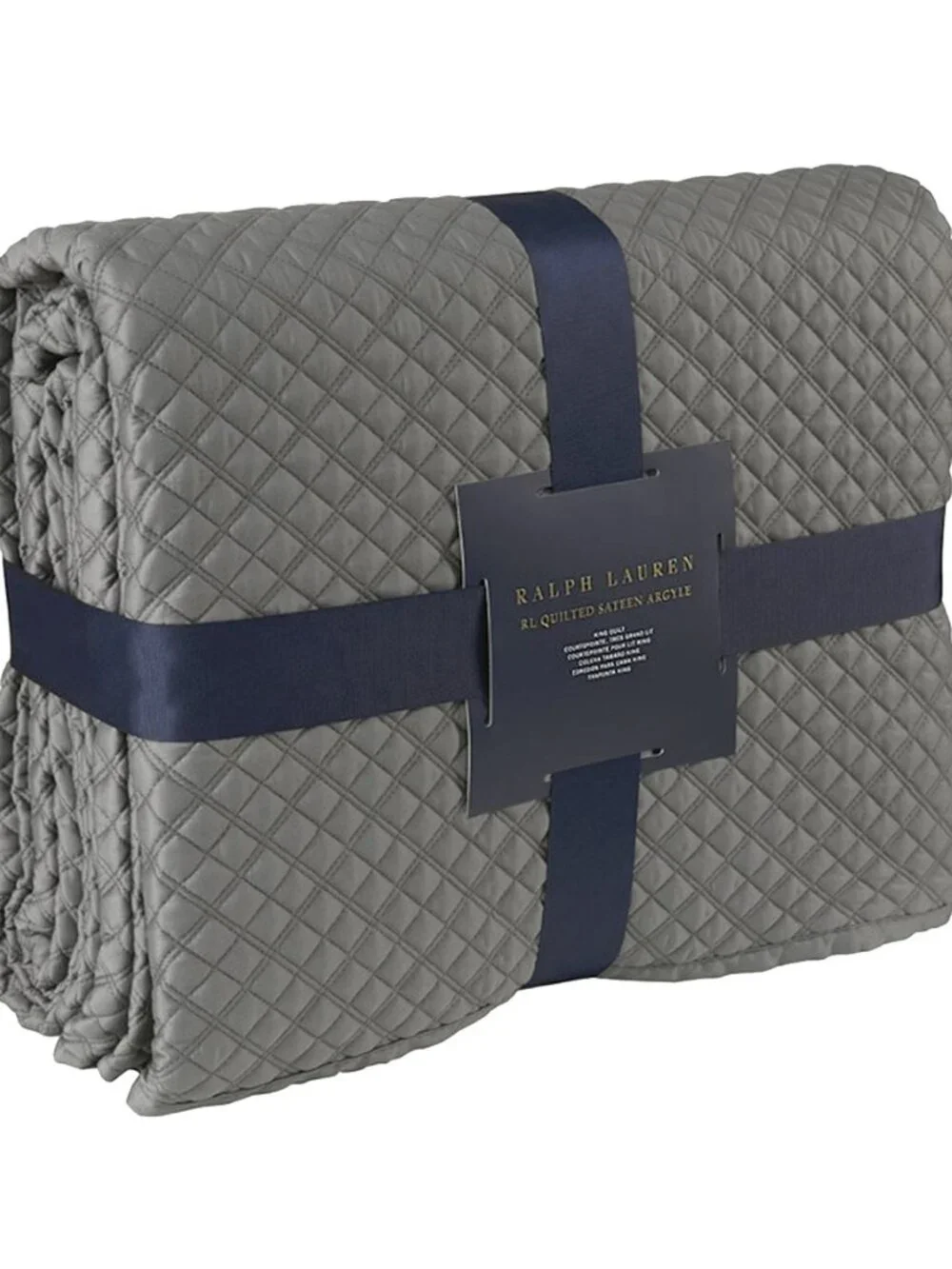 NEW $400 Ralph Lauren Quilted Sateen Argyle Quilt! Full Queen Gray Graphite
