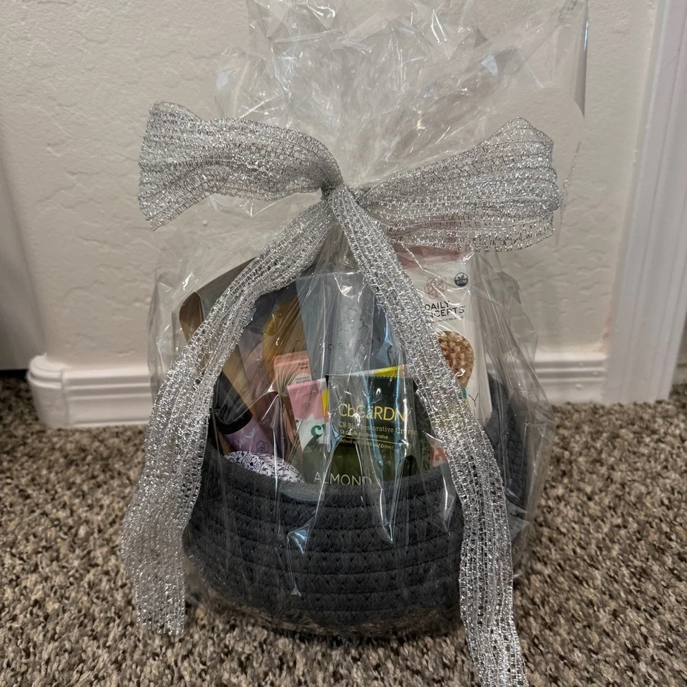 Elegant Gray Gift Basket with Silver Ribbon