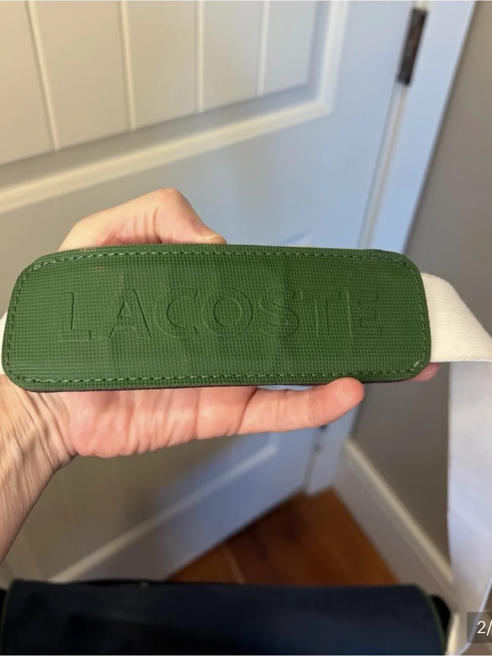 Lacoste Navy Messenger Bag with White Strap and Green Trim