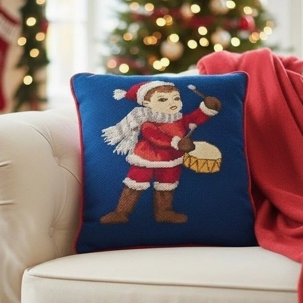 Vintage Christmas Needlepoint Throw Pillow, Little Drummer, Red Corduroy 15
