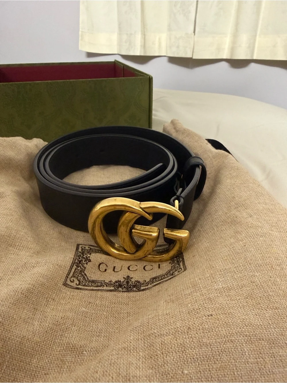 Authentic Gucci Black Leather Belt with Gold Double G Buckle
