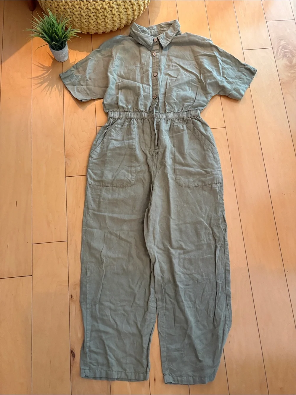 ZARA Khaki Green Utility Washed Linen Jumpsuit L
