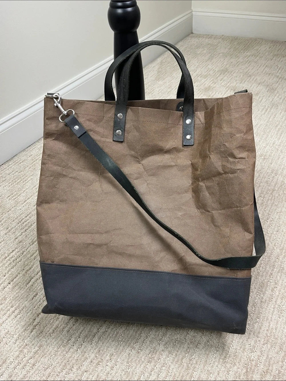 Washable Kraft Paper Tote Bag Brown Black Laptop Work Shoulder Carryall