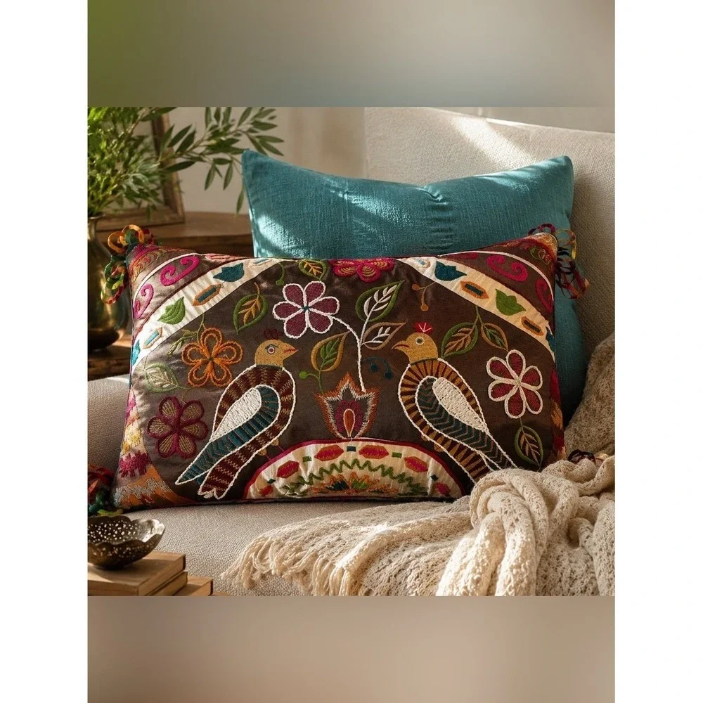 Pier 1 Embroidered Bird Lumbar Pillow Boho Folk Art Tassel 20 X 12