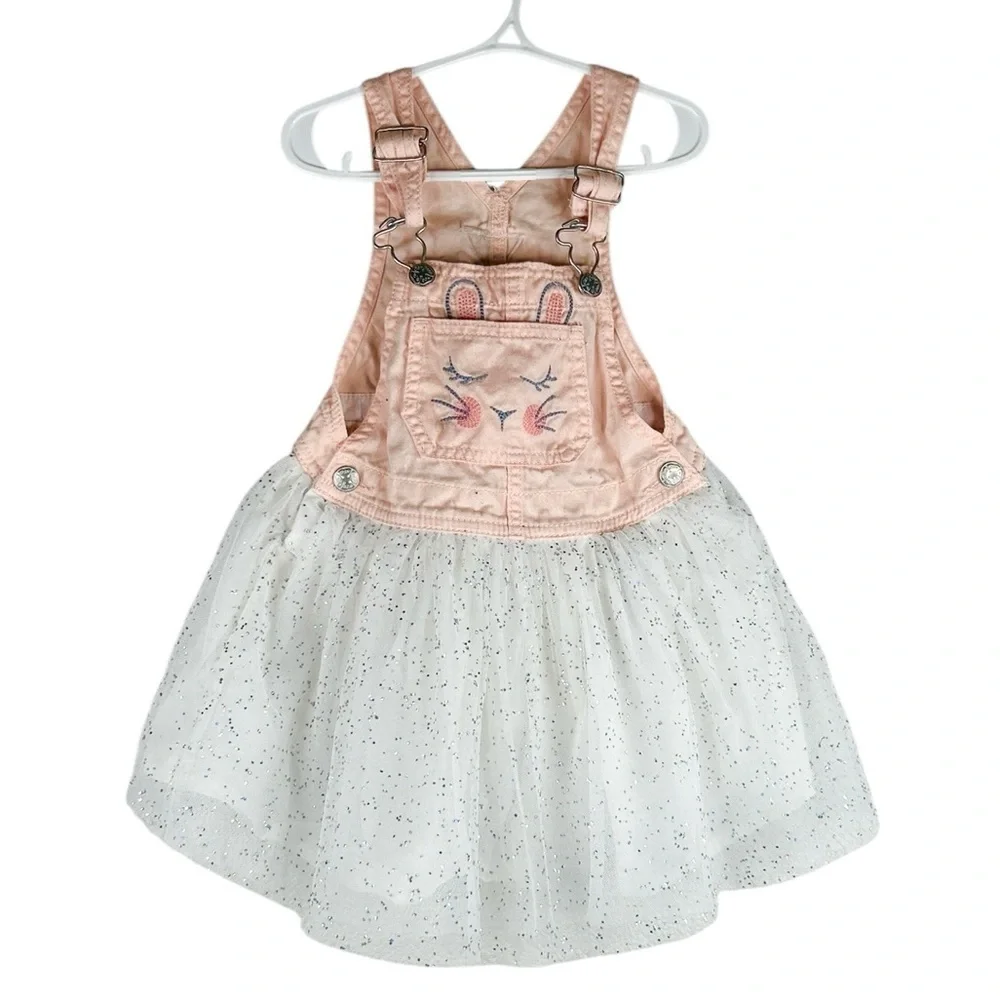OshKosh B'gosh Girl's Pink Bunny White‎ Tulle Silver Sparkle Skirt Overalls 3T