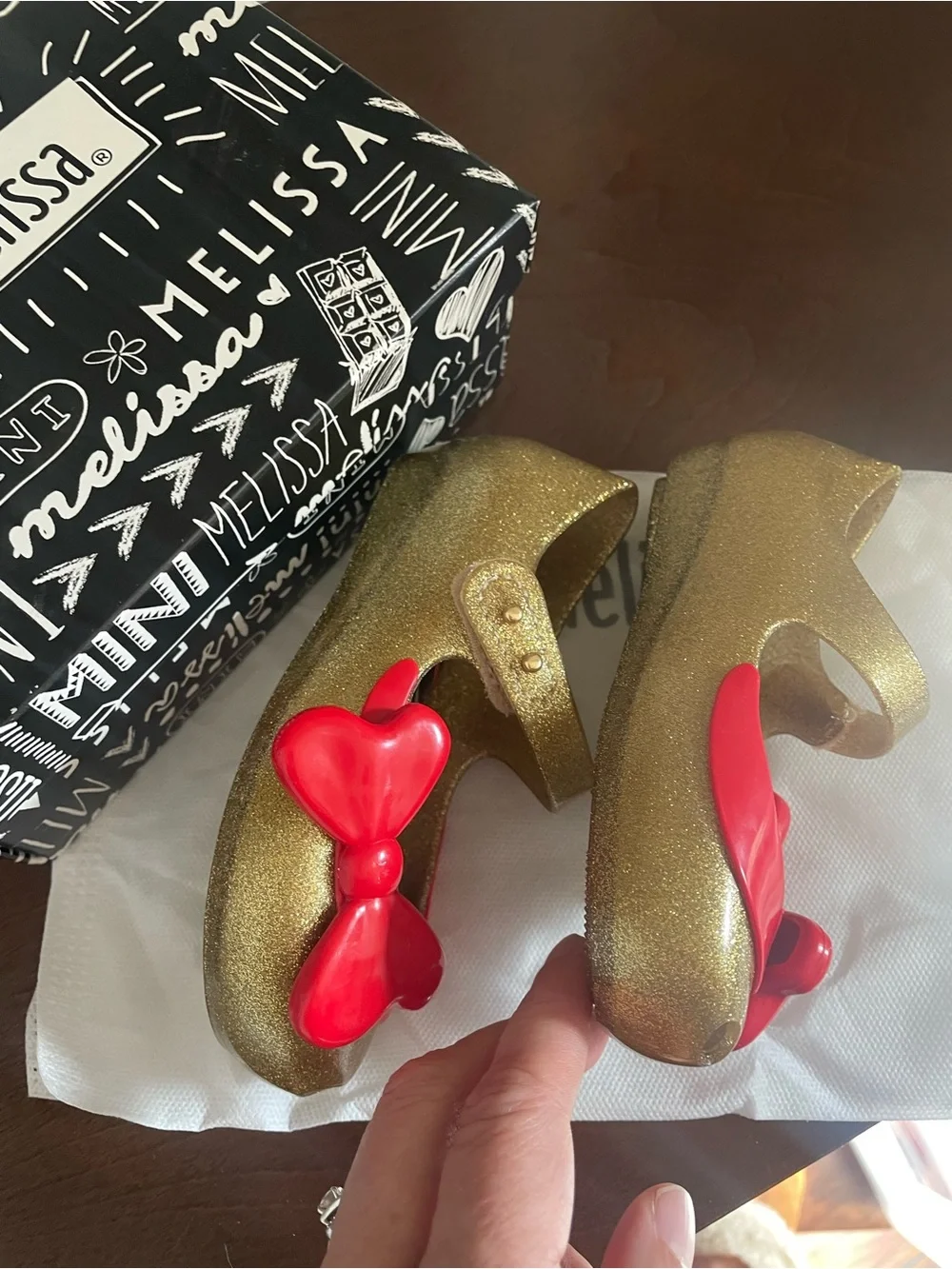 Mini Melissa Snow White Gold shoes jelly red bow open toe size 9 USA NEW