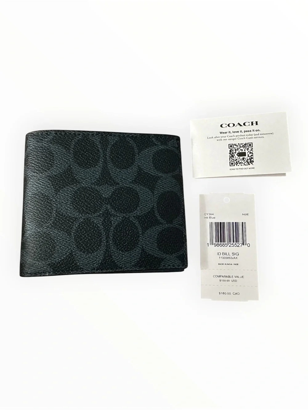 Coach Men's Signature Canvas ID Billfold Wallet Ink Blue Dark Charcoal NWT CY394