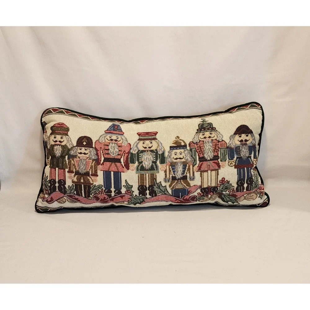 Nutcracker Tapestry Lumbar Pillow Green Velvet Back Christmas Holiday‎ Decor