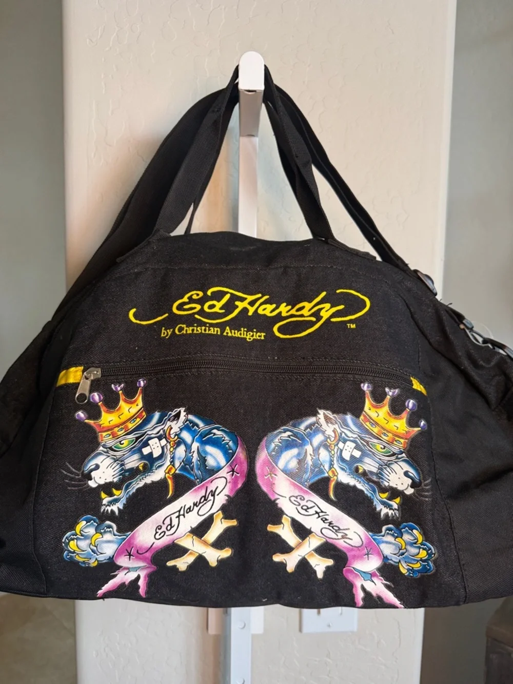 Ed Hardy by Christian Audigier panther Bowling Jean canvas black duffle bag