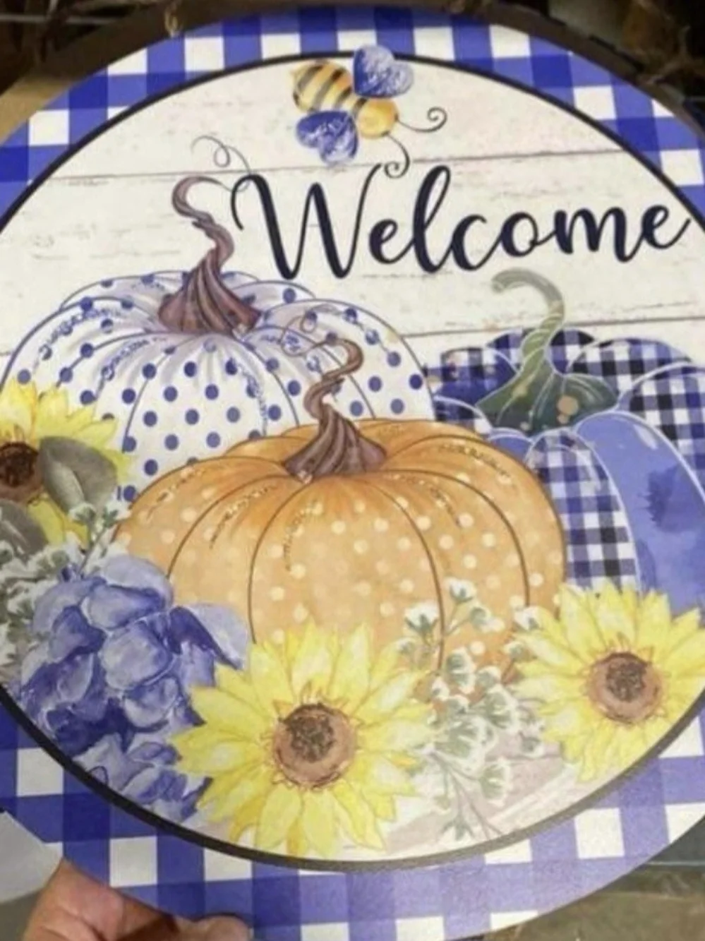 Welcome Sunflower & Pumpkin Blue Plaid Round 18x18 Wood Wall Sign