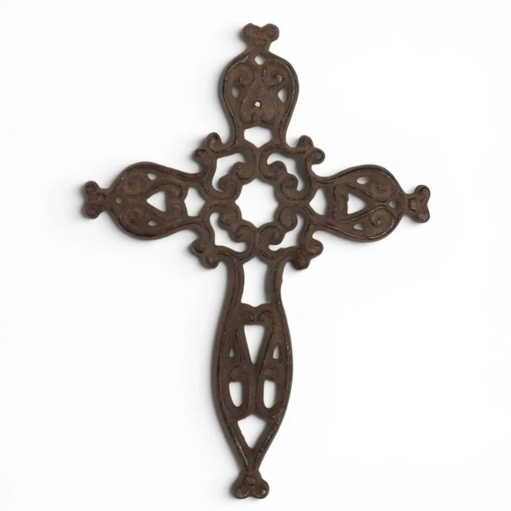 Cast Iron Brown Rusted Metal Scalloped Hearts Christian Cross Rustic Wall Art‎