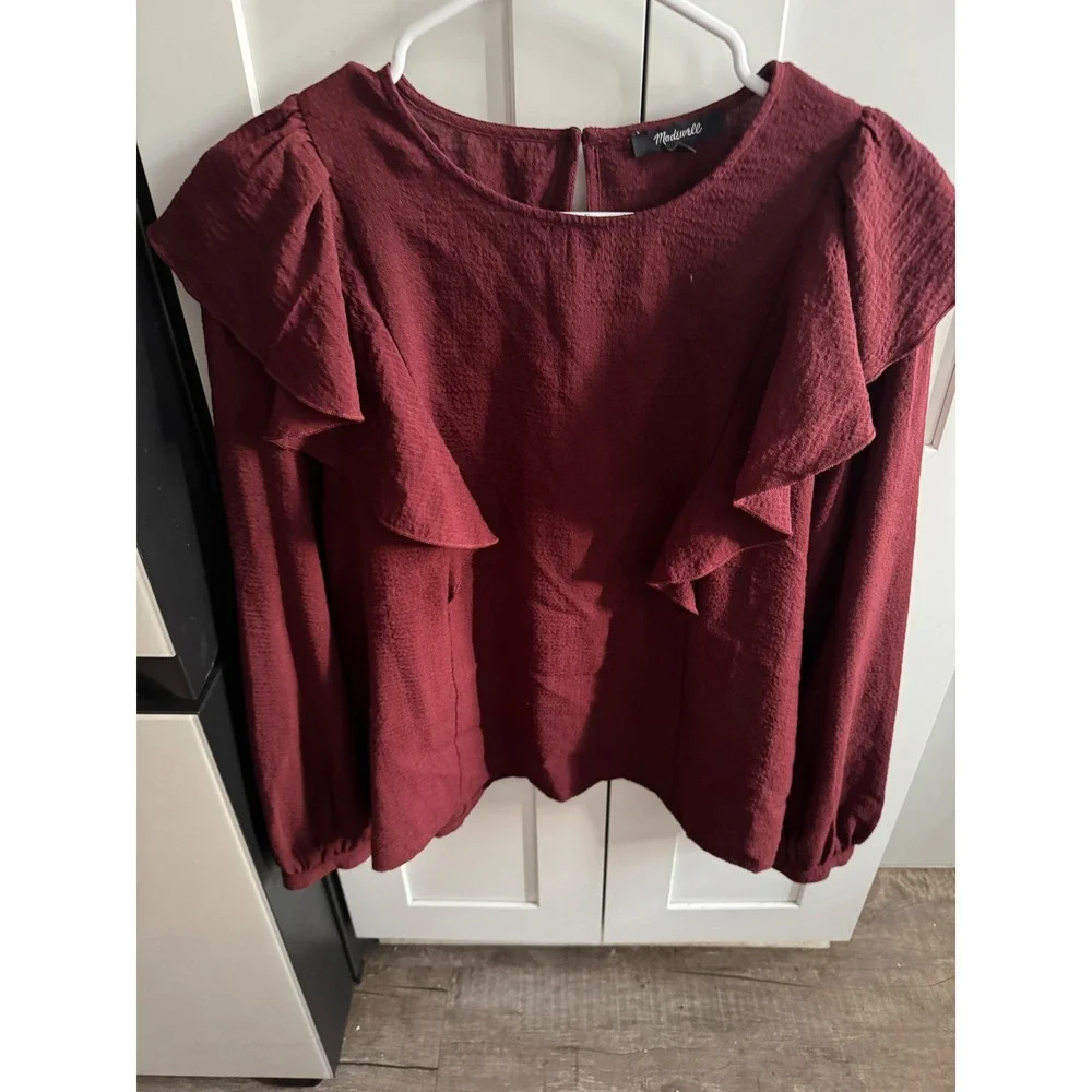 Madewell Womens Ruffle Long Sleeve Blouse Burgundy Wine Textured Top‎ Size Large