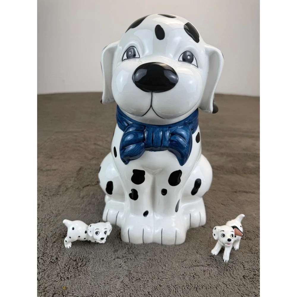 Vintage Dalmatian Ceramic Cookie Jar with‎ 2 Puppy Figurines Blue Bow Set