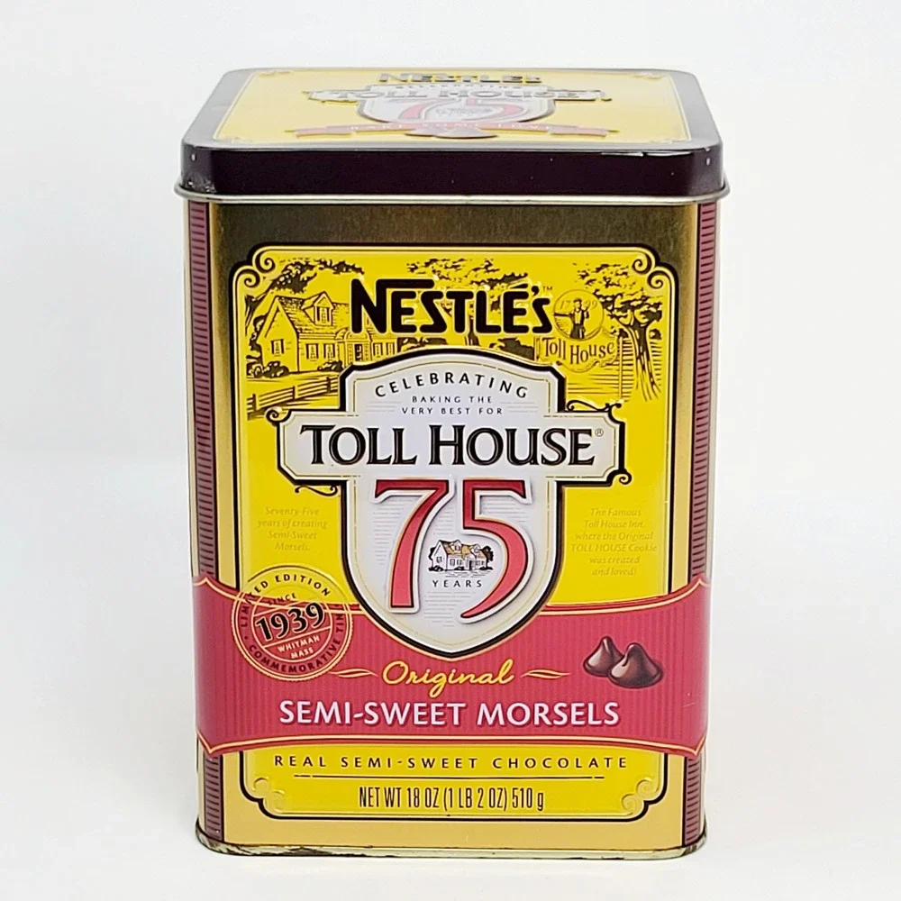 2014 Nestle Toll House Tin 75th Anniversary Canister Yellow Red 6.25 inches Good