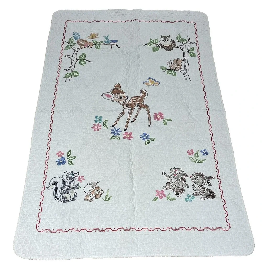 Vintage Bambi Cross Stitch Crib Quilt Handmade Thumper‎ Flower Baby 33 x 52 Inch