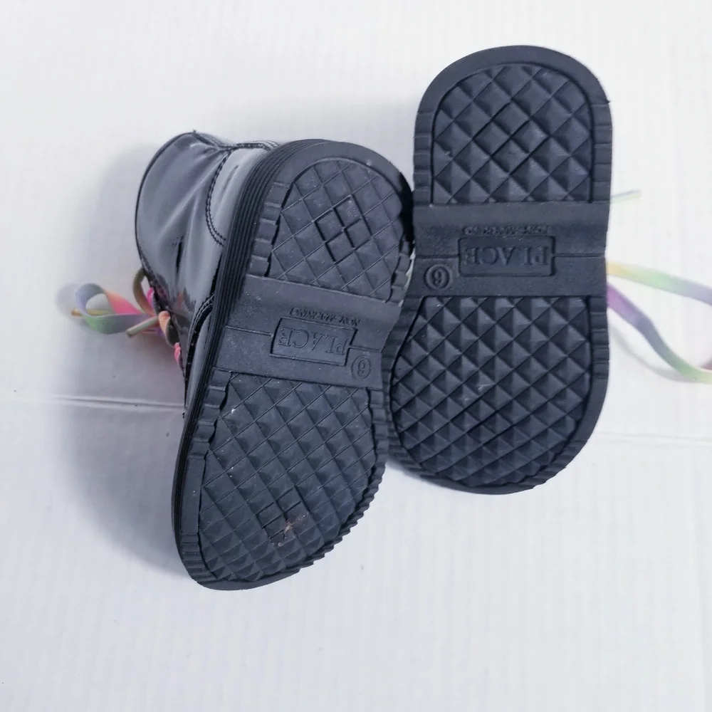 THE CHILDREN'S PLACE BABY GIRL'S SHINY BLACK BOOTS WITH RAINBOW LACES SIZE 6