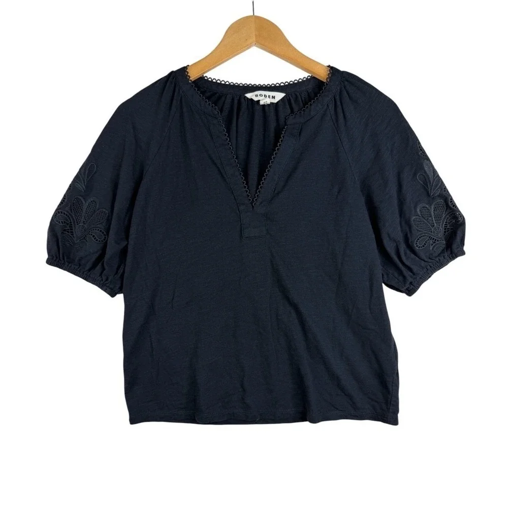 Boden Women's Split Neck Embroidered Puff Sleeve Blouse size 6 Black