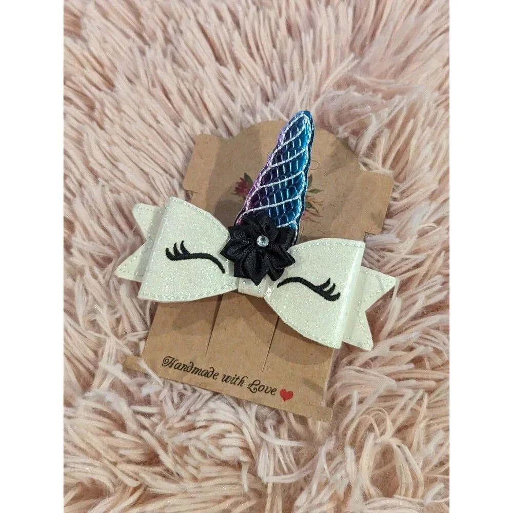 Glitter shimmery unicorn hair bow barrette clip brand new