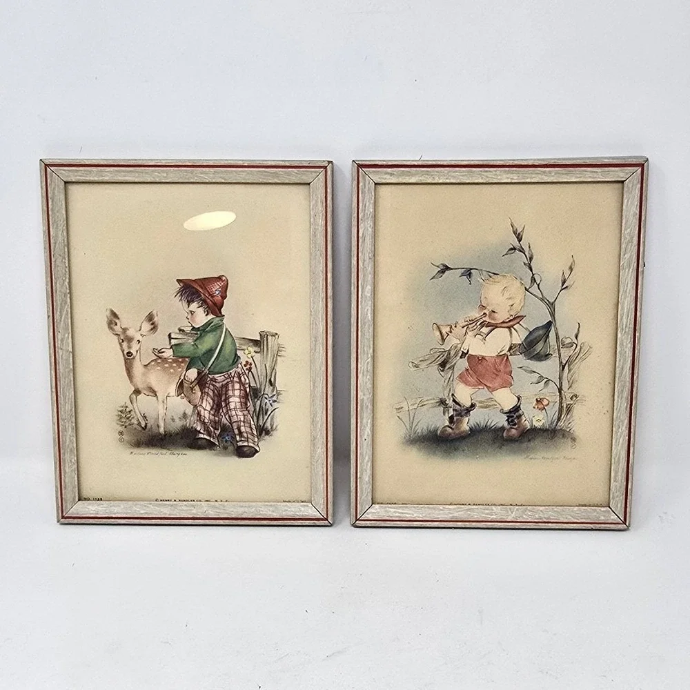 Vtg 1940's Marion Bradford framed pictures wall plaque nursery‎ decor set of 2