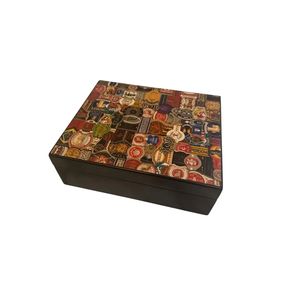 Vintage Wooden Decorative Box With Colorful Label Collage‎ Design