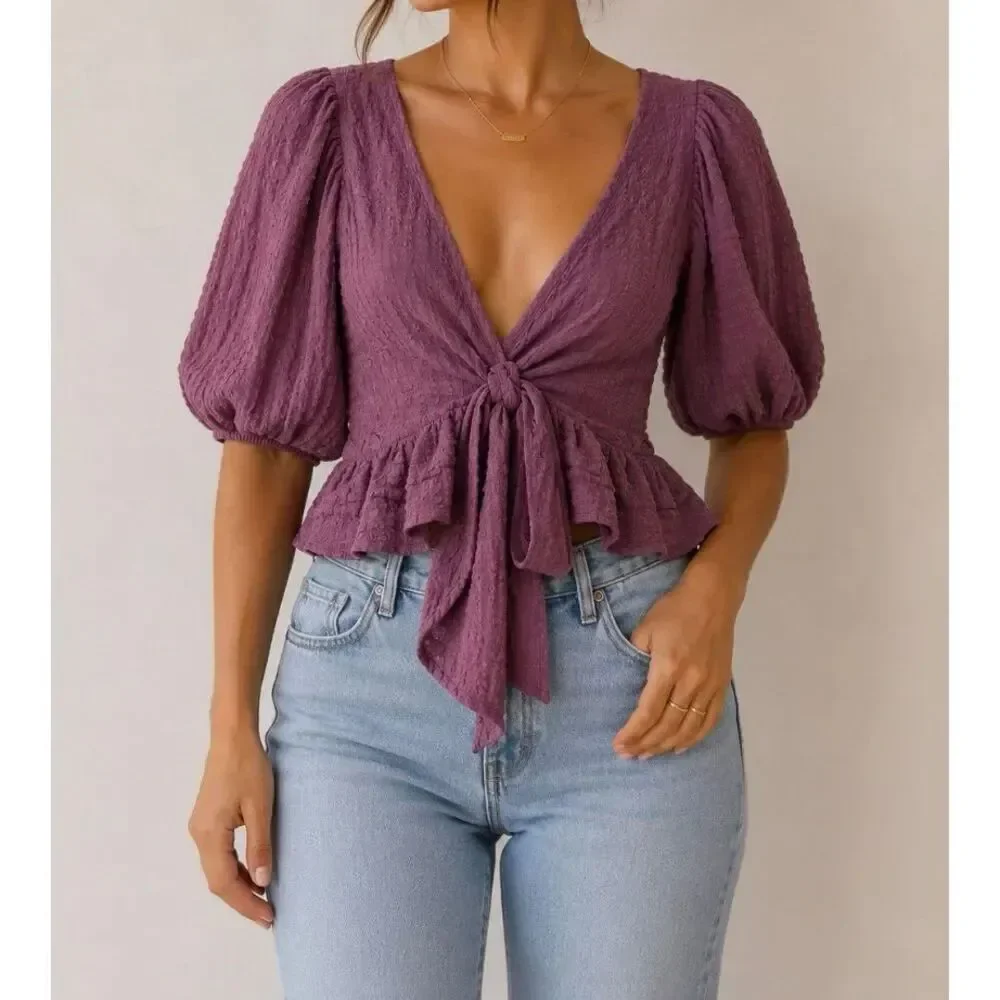 Free People Purple Textured Wrap Peplum Top L Puff Sleeve Boho Tie Front
