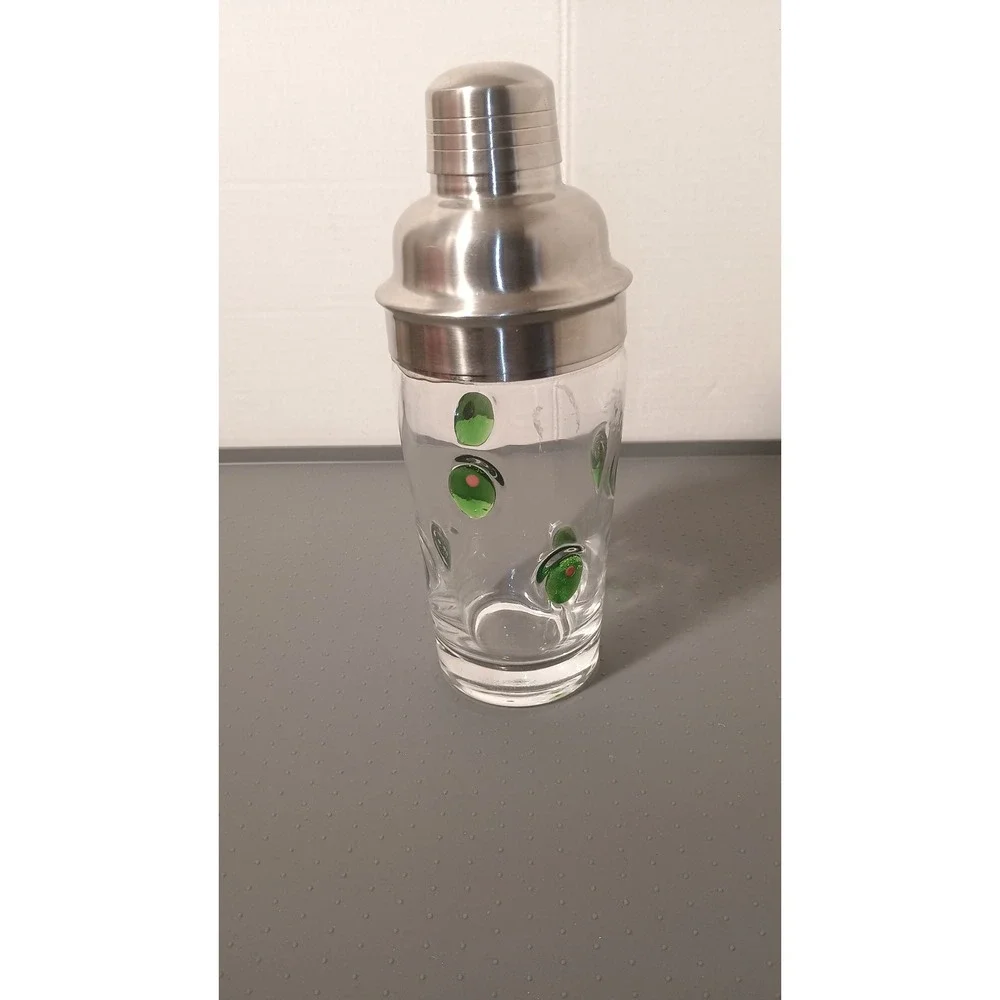 Anthropologie Cocktail Shaker Unisex Clear Green Good Olive Pattern MCM Retro