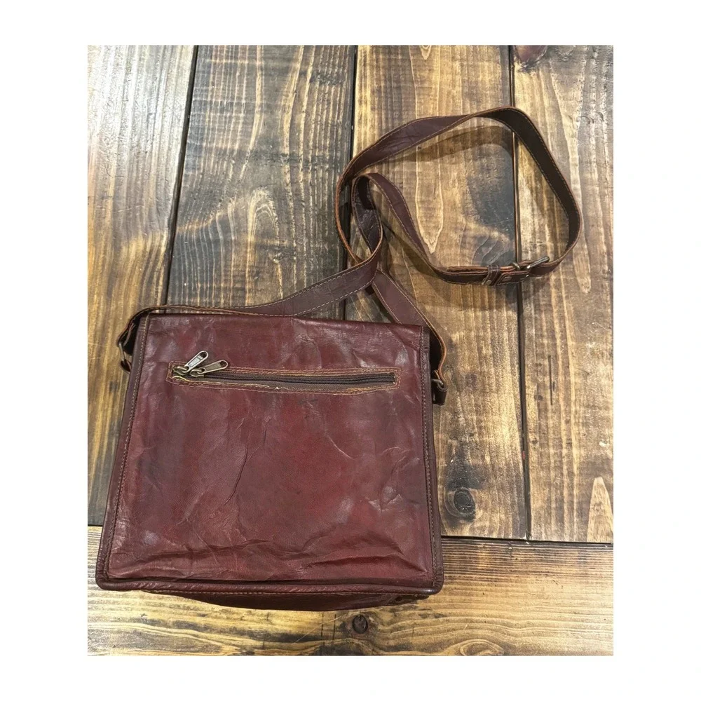 Brown Leather Messenger Bag Satchel Crossbody Distressed Brown Lime Green Lining