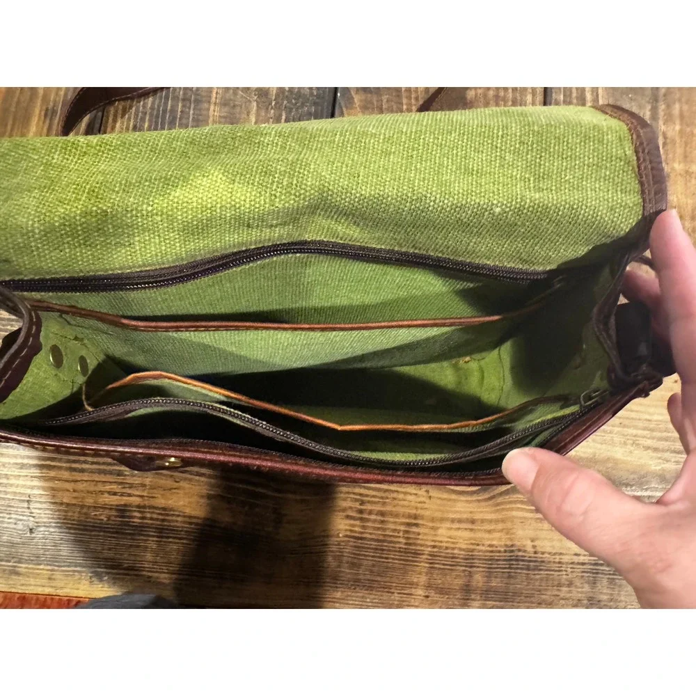 Brown Leather Messenger Bag Satchel Crossbody Distressed Brown Lime Green Lining