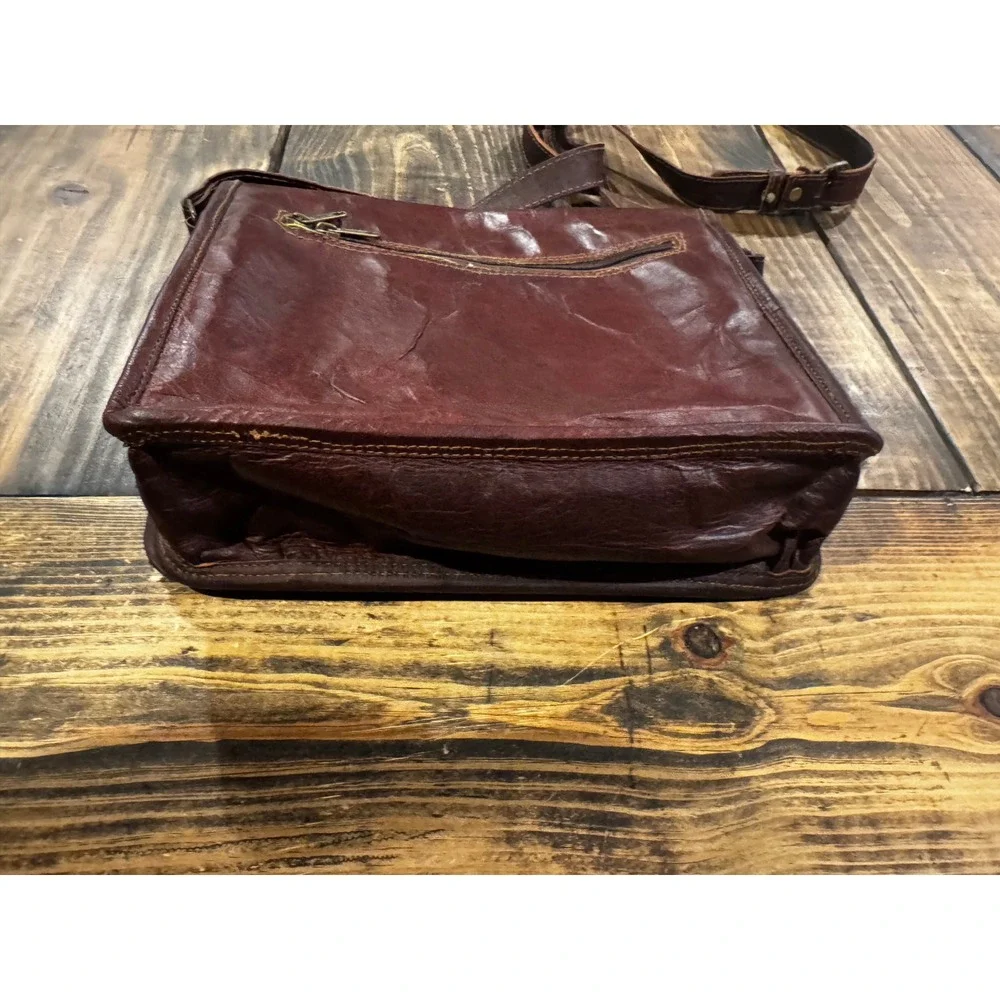 Brown Leather Messenger Bag Satchel Crossbody Distressed Brown Lime Green Lining
