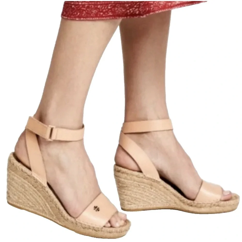 Tory Burch Nude Leather Espadrille Wedge Sandals with Ankle Strap