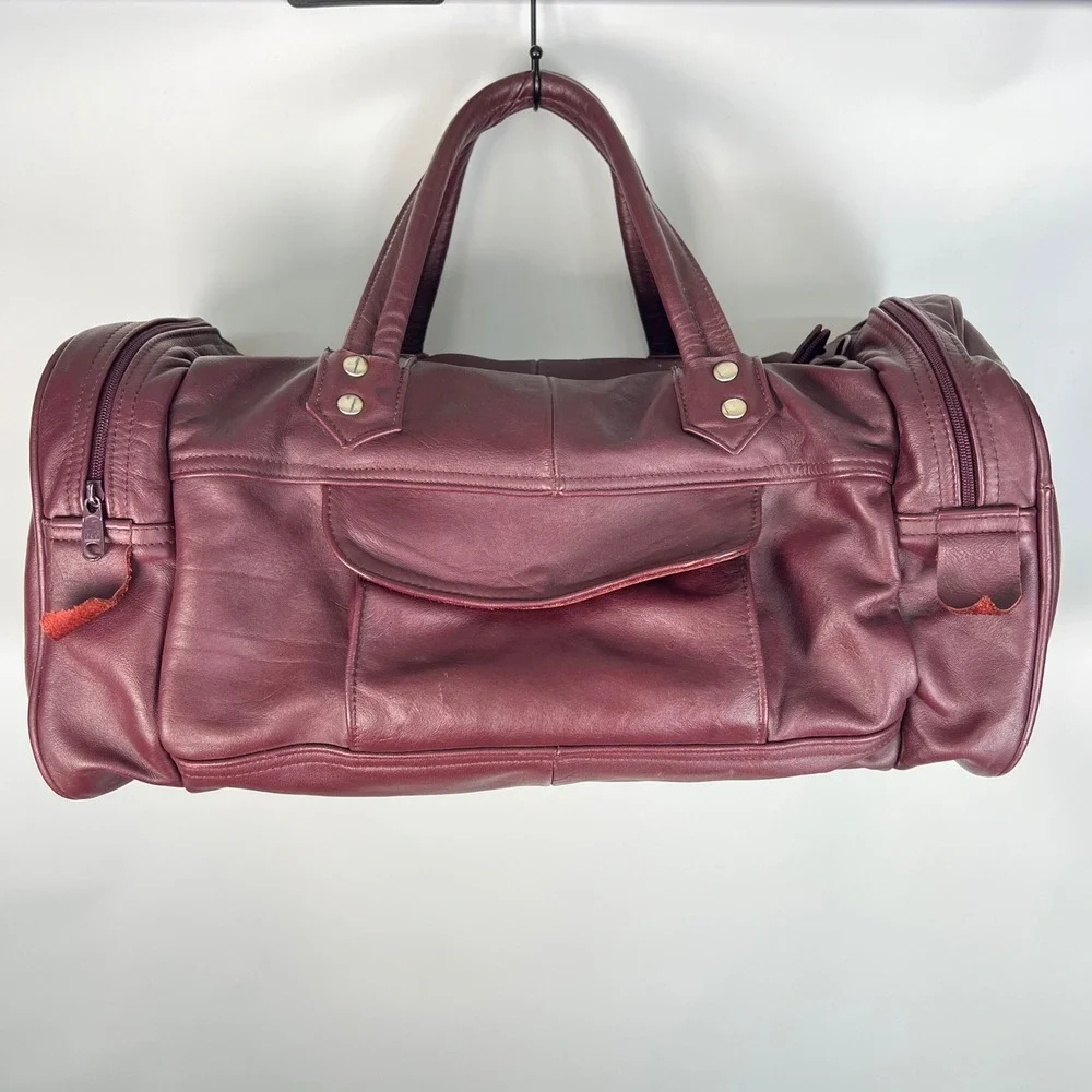 Vintage Burgundy Leather Duffel Bag Made in Mexico Weekend Travel Carryall