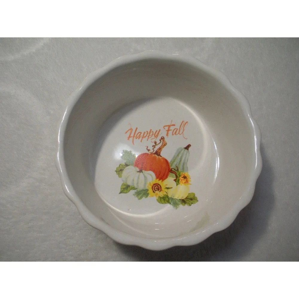 Royal Norfolk Happy Fall Pumpkin Sunflower Ceramic Ramekin White Fluted 5 Inch