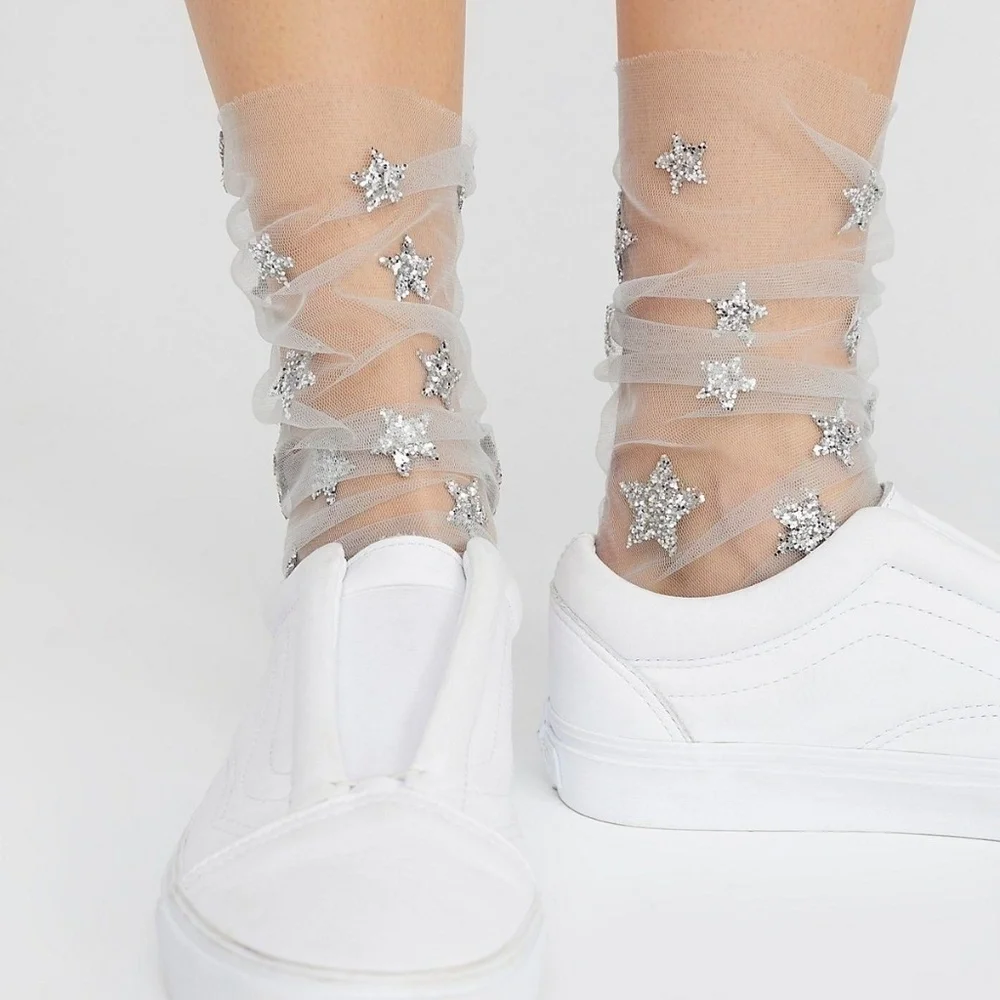 White & Silver Star Sheer Socks Tulle Mesh Socks Pantyhose Fishnet Stockings