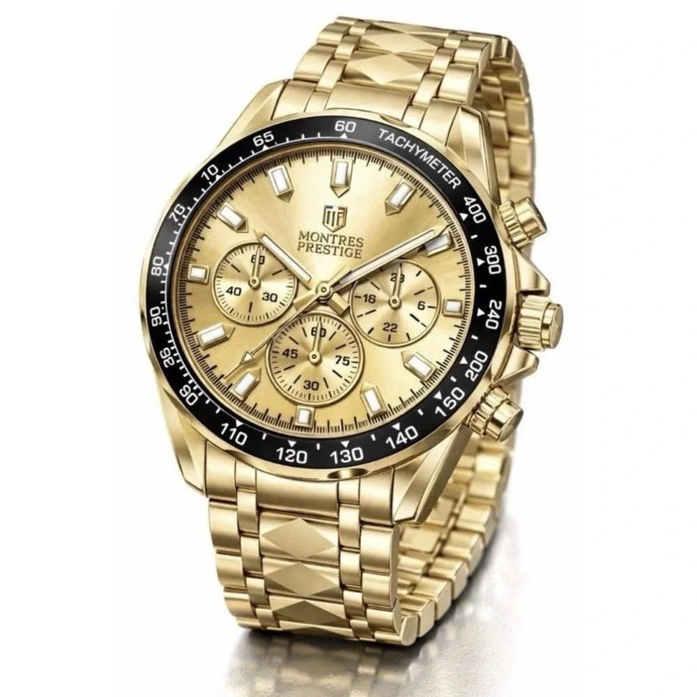 BNWT INVICTA MONTRES PRESTIGE GOLD QUARTZ‎ ANALOG MENS WATCH WITH TACHYMETER