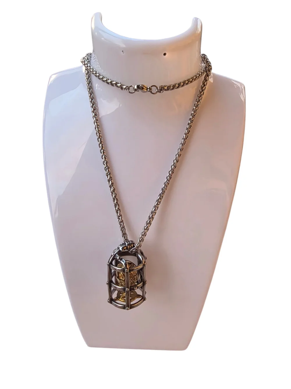 New Stainless Steel Silver Cage With Gold Skull Inside Necklace (Unisex)