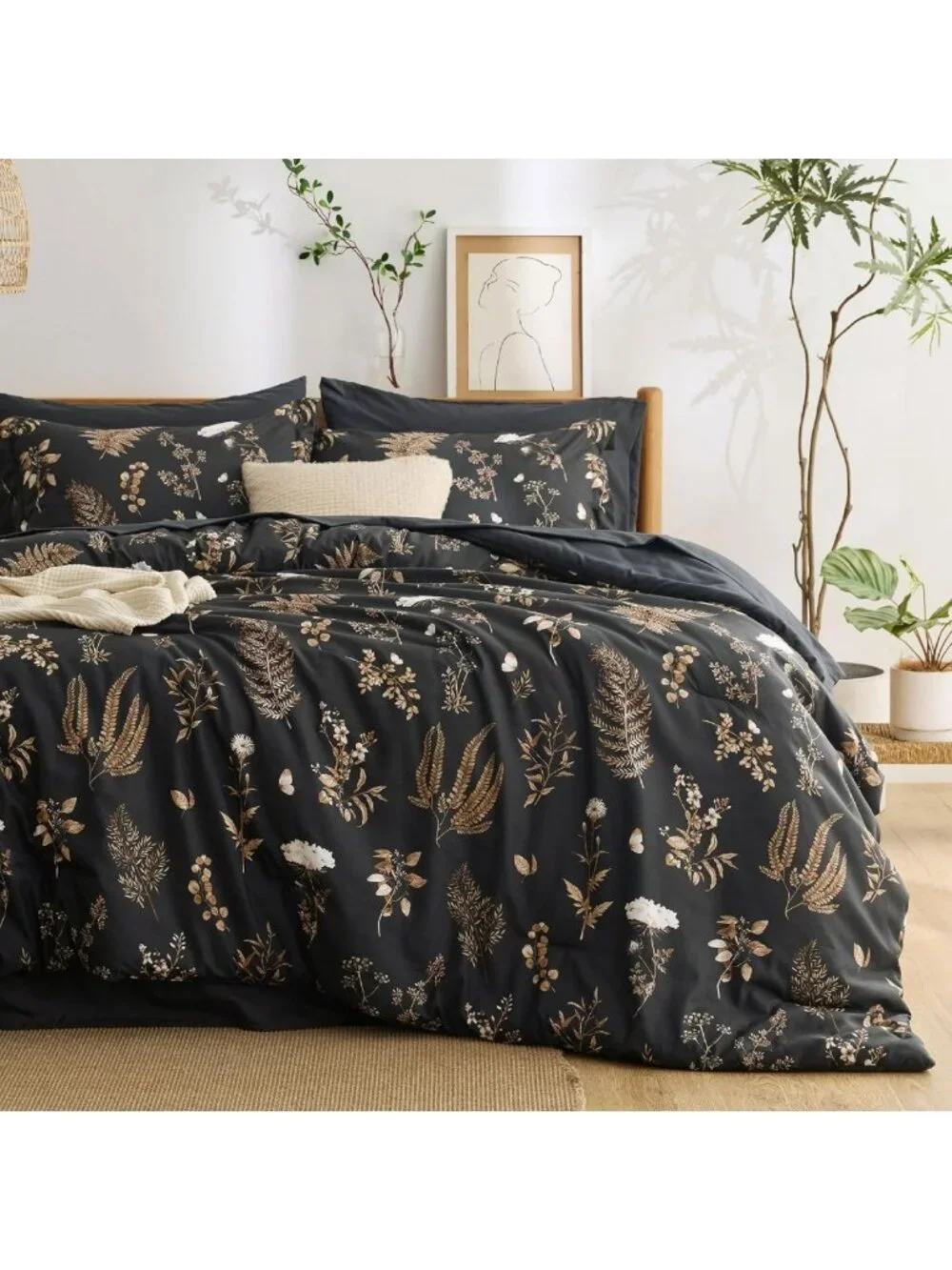 Floral Black King Comforter Set - 7 Piece Luxury Bedding Set for Cozy Bedrooms