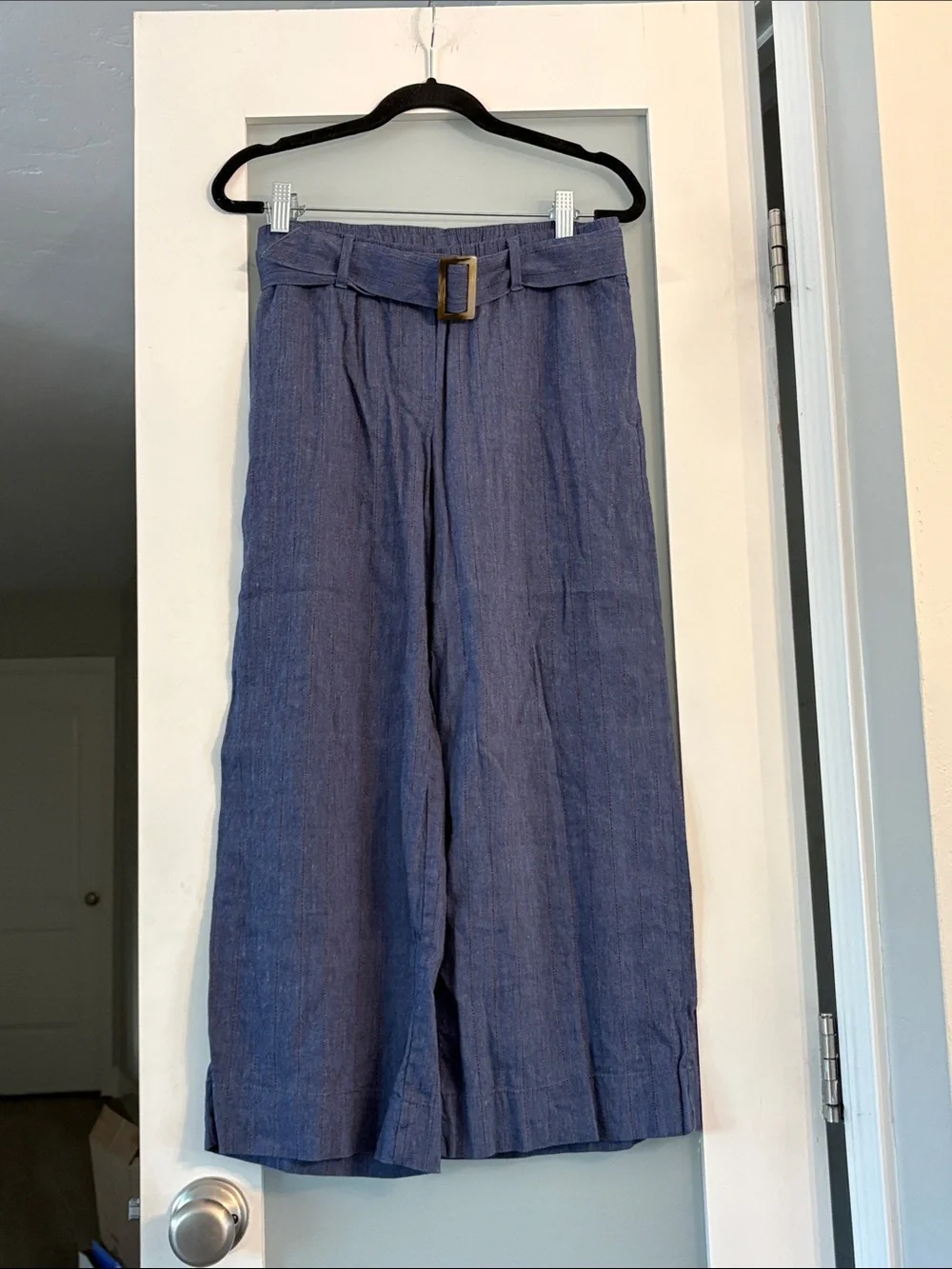 J Jill Linen Stretch Cropped Pants Womens XS Petite Chambray Striped Wide Leg