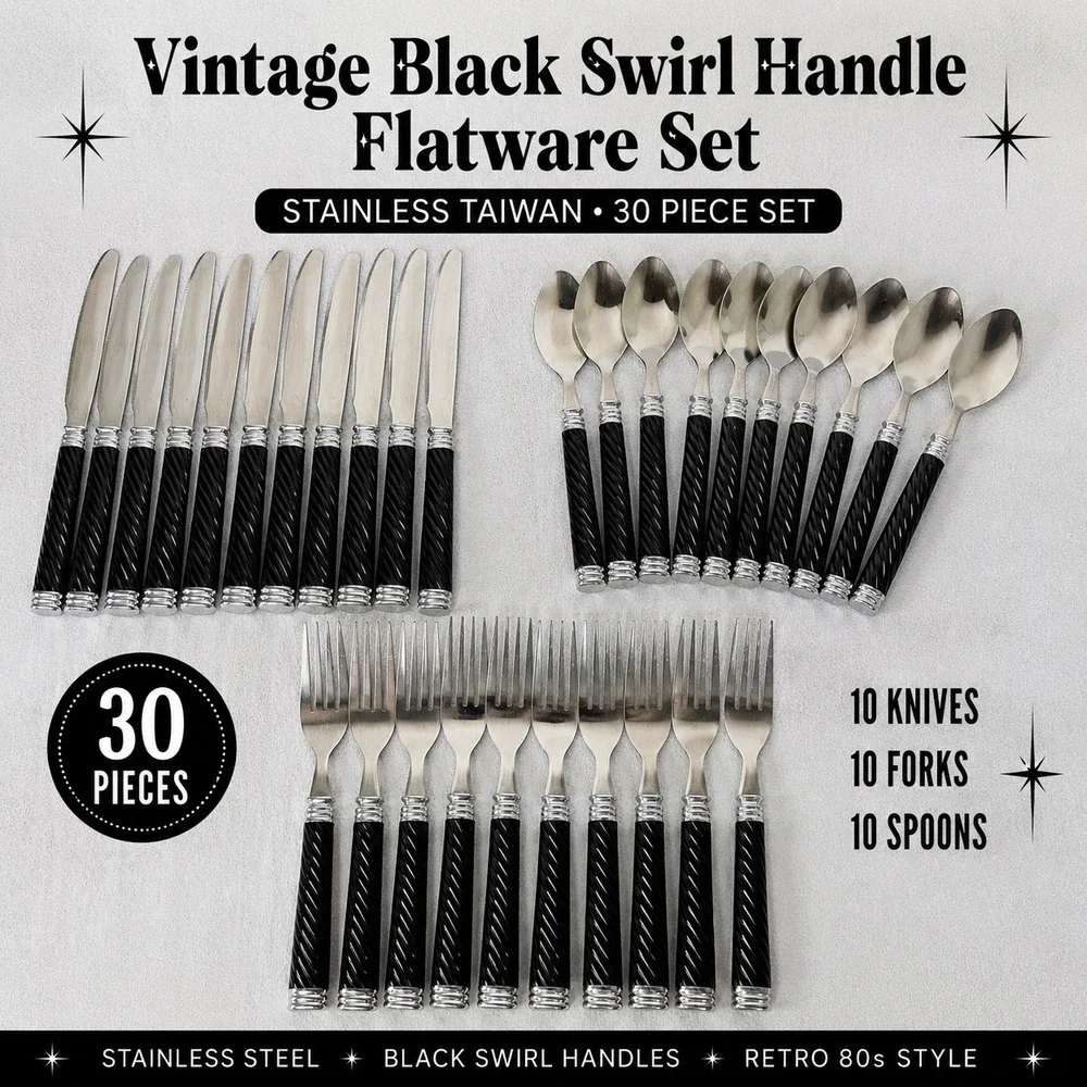 Vtg Stainless Taiwan Black Spiral Handle Flatware Set 30 Knives Forks Spoon MCMs