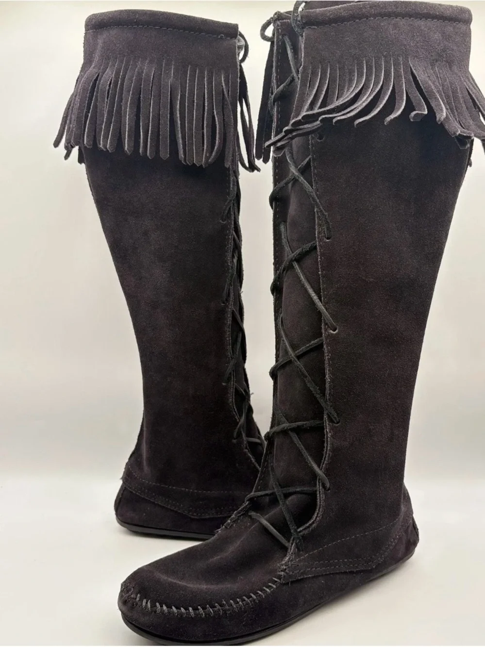 Minnetonka Black Suede Fringe Lace-Up Over-the-Knee Boots