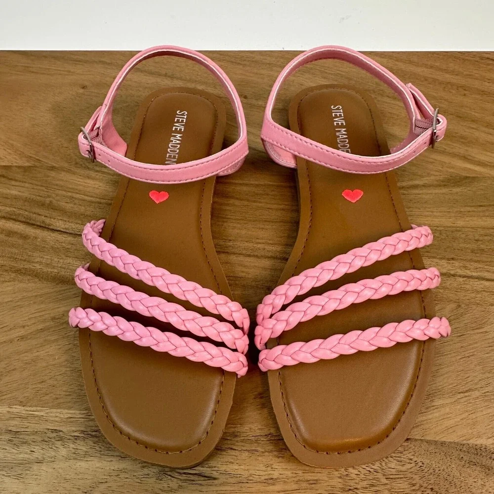 New NWOB Big Kids Steve Madden Georjia Pink Braided Slingback Sandals Size 4 Y‎