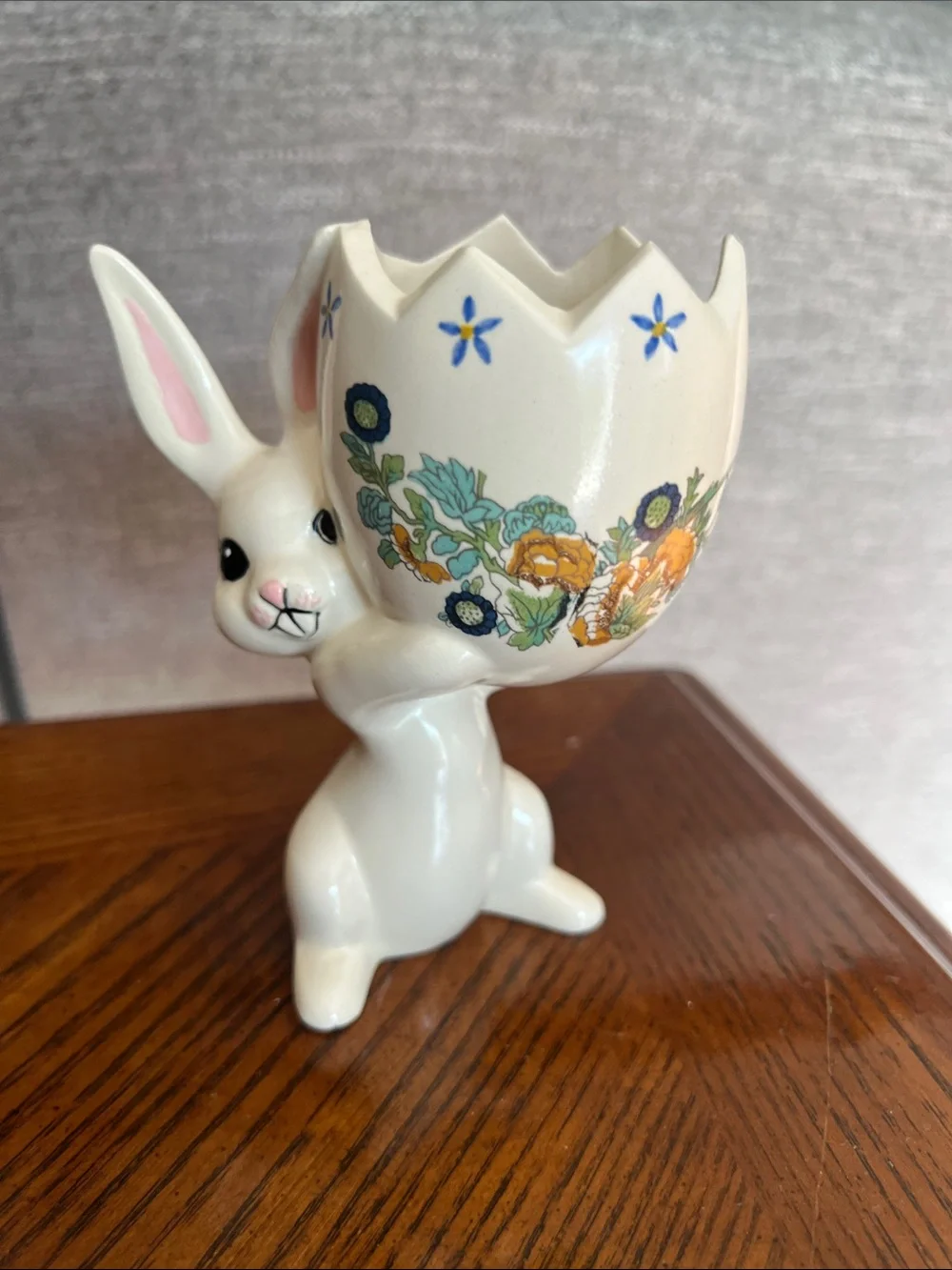 Vintage 1970s Ceramic Bunny Egg‎ Planter with Floral Design