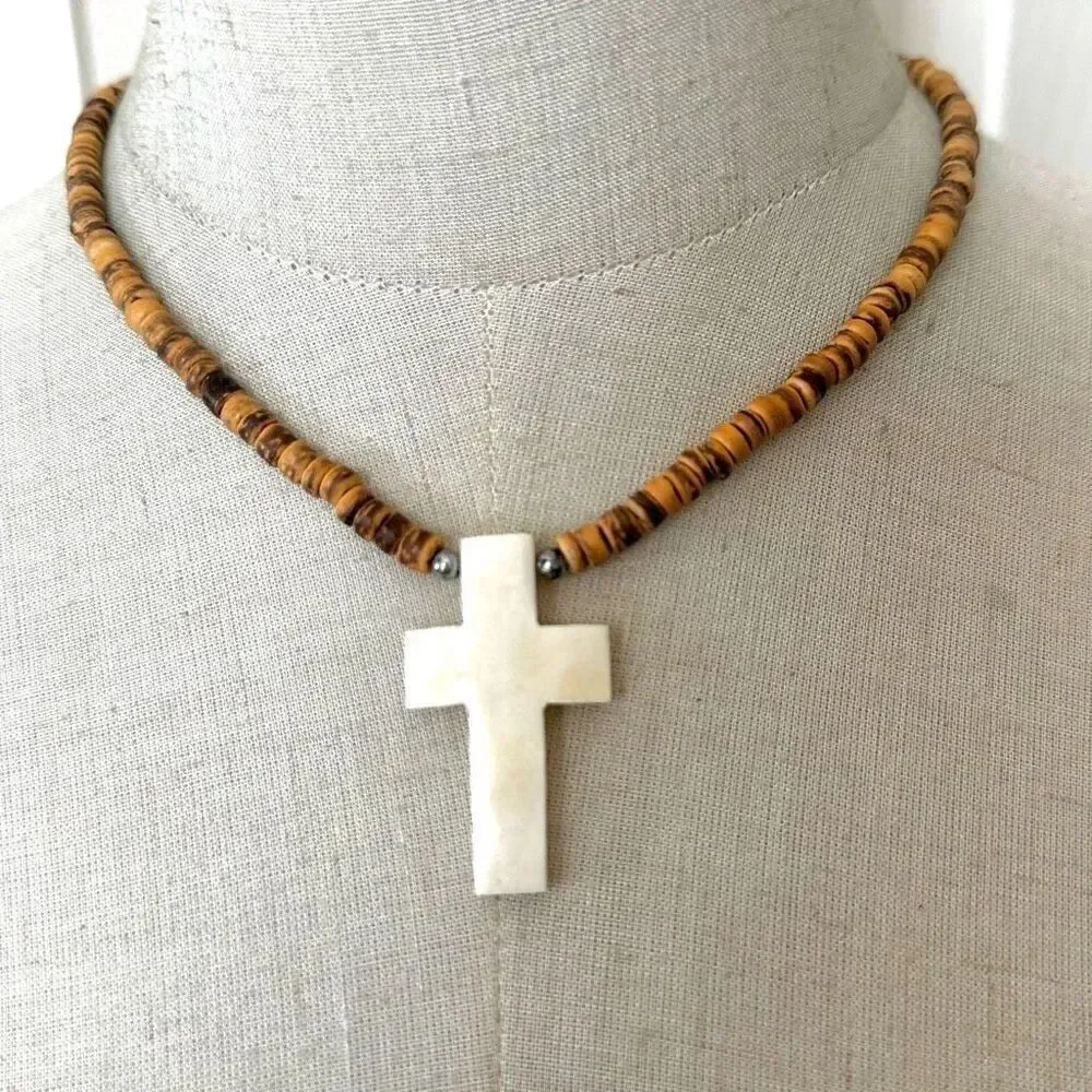 Bone cross coconut shell beaded pendent necklace