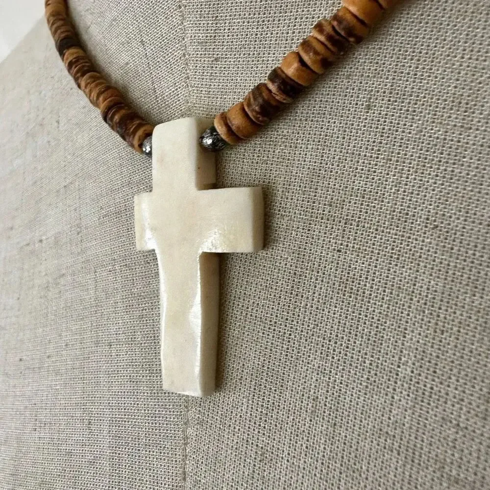 Bone cross coconut shell necklace bone cross