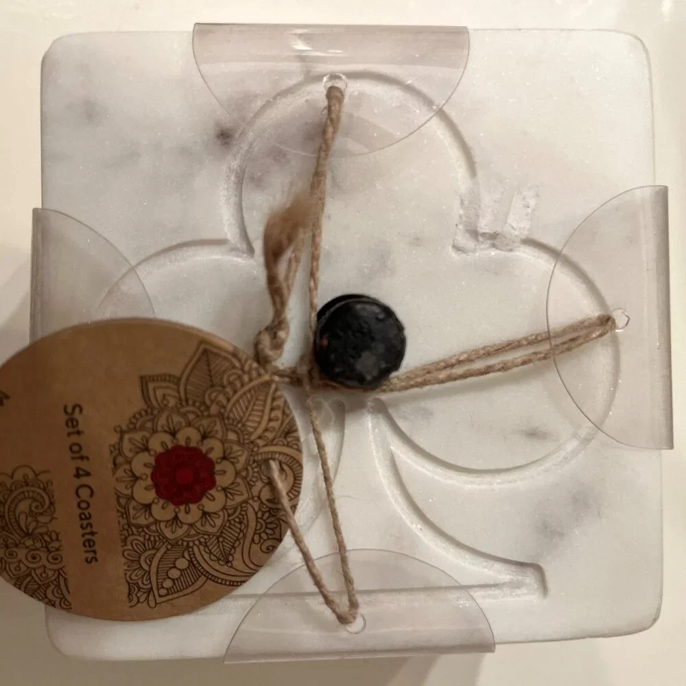 White Marble Coasters Set of 4 with Holder Gift Ready New‎