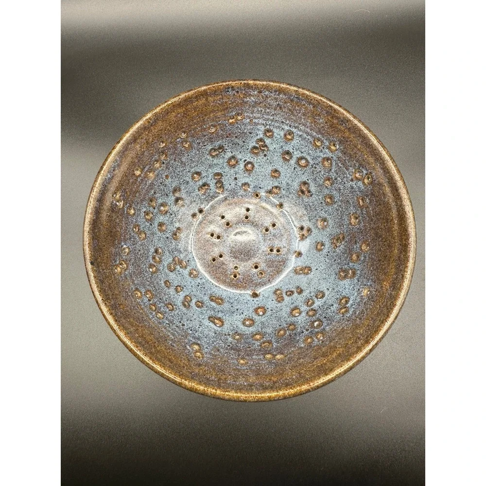 Artist Signed Studio Pottery Berry Bowl Colander Blue Bronze Speckled Stoneware
