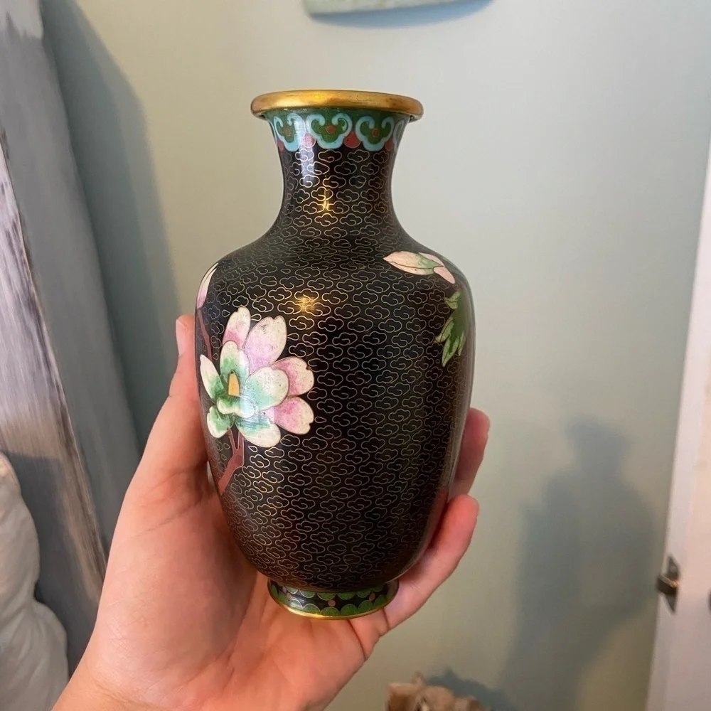 Vintage Black Cloisonné Vase
