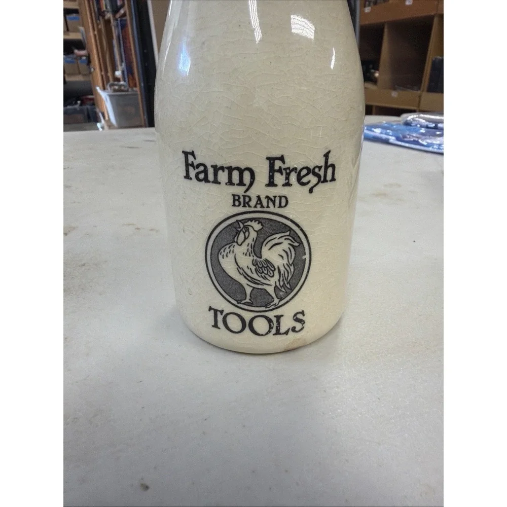 Vintage Style Milk Bottle Vase Farm Fresh Brand Rooster Logo Ceramic 7 in.