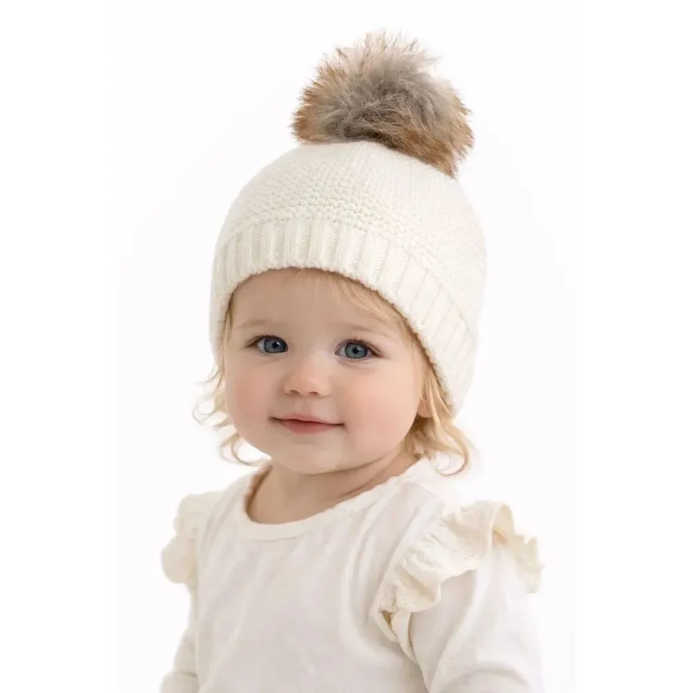Baby Girl Cream Knit Beanie Hat Faux Fur Pom Pom Winter Cap 12M Toddler